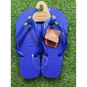 HAVAIANAS Marine Blue Brazil Logo Mens 8 USA Flip-Flop Sandals Womens 9/10 NWT